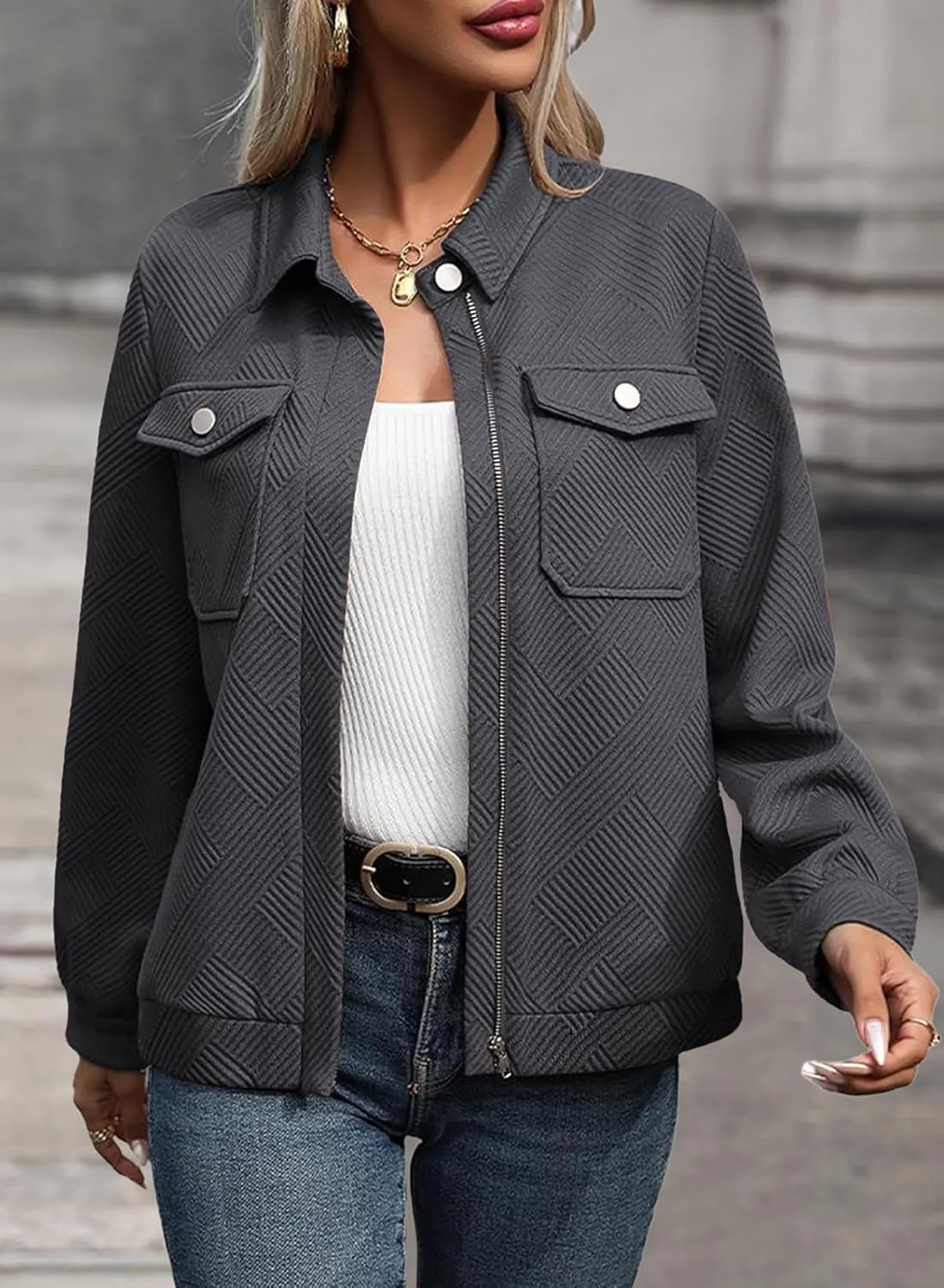 SHEWIN Jackets for Women Fall Fashion 2024 Casual Zip Up Shacket Jacket Lightweight Long Sleeve Shirts Tops