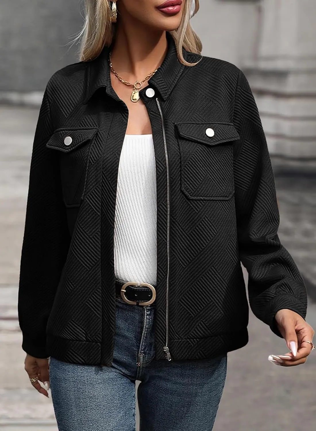 SHEWIN Jackets for Women Fall Fashion 2024 Casual Zip Up Shacket Jacket Lightweight Long Sleeve Shirts Tops