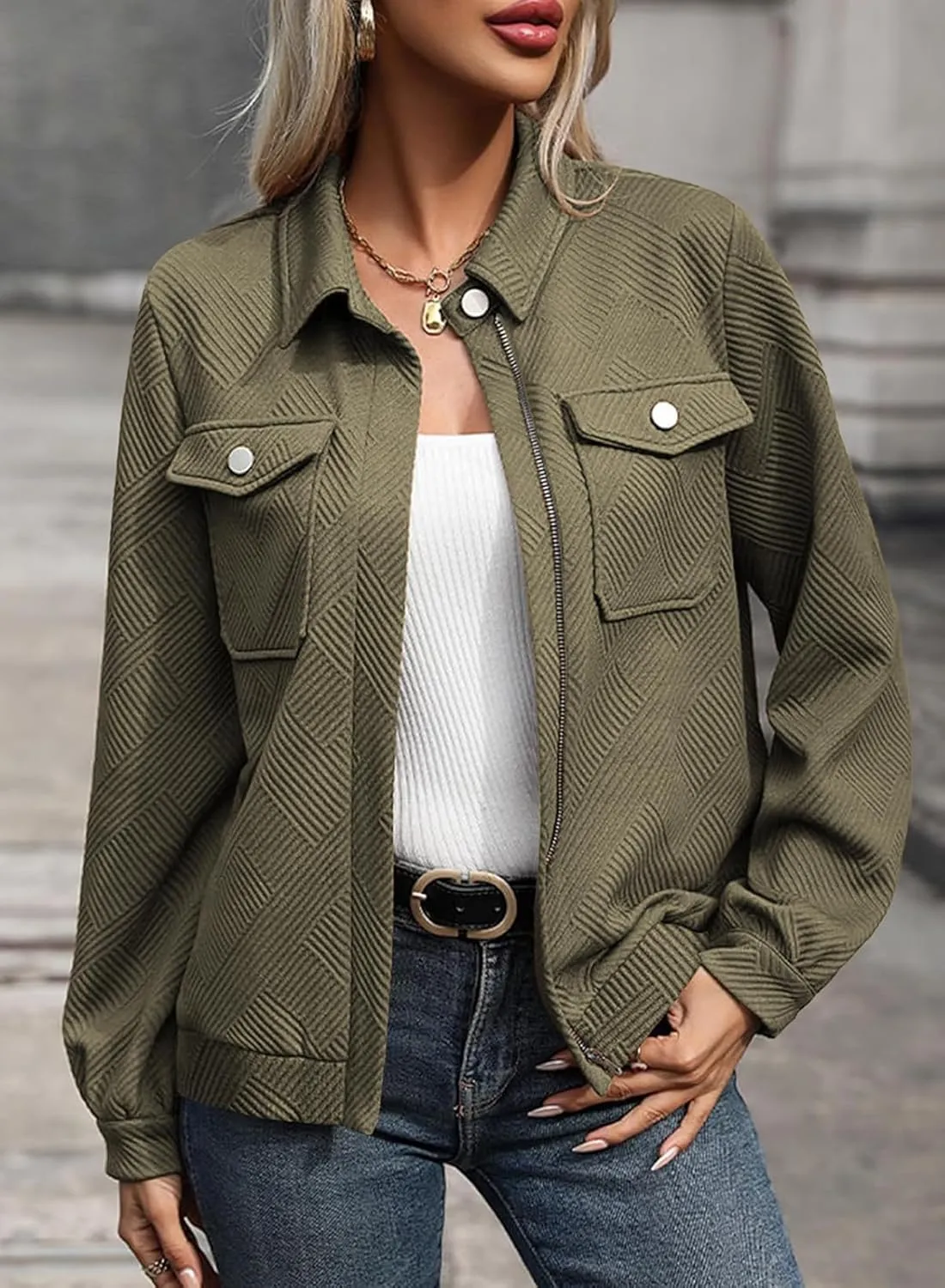 SHEWIN Jackets for Women Fall Fashion 2024 Casual Zip Up Shacket Jacket Lightweight Long Sleeve Shirts Tops