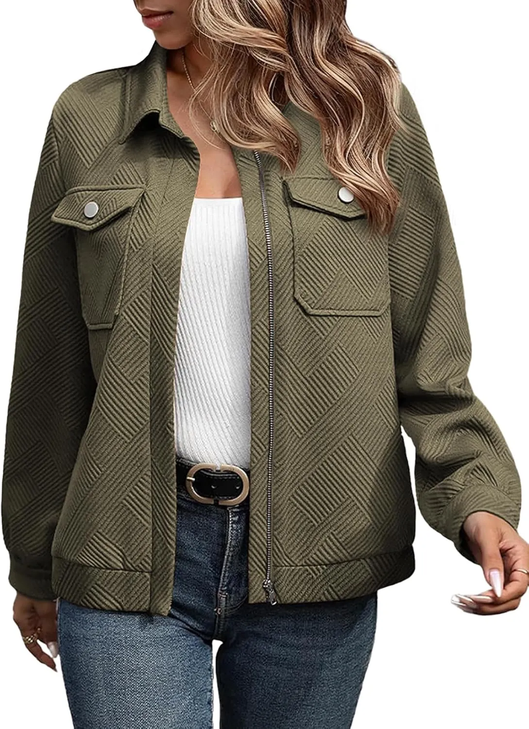 SHEWIN Jackets for Women Fall Fashion 2024 Casual Zip Up Shacket Jacket Lightweight Long Sleeve Shirts Tops