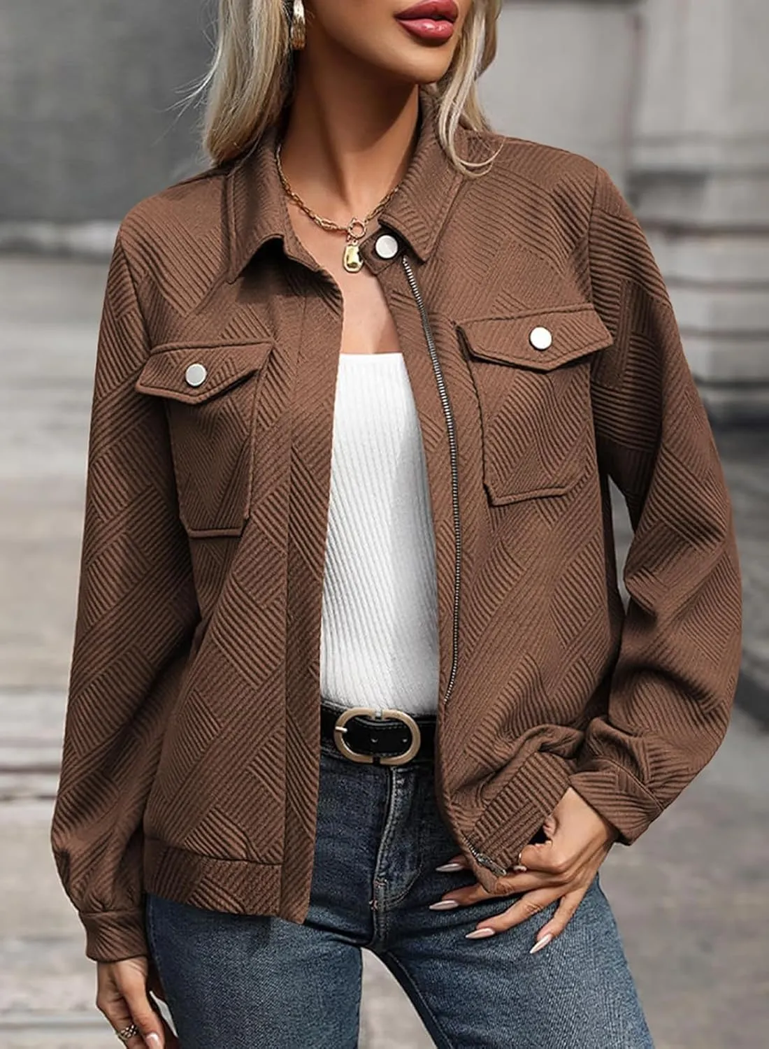 SHEWIN Jackets for Women Fall Fashion 2024 Casual Zip Up Shacket Jacket Lightweight Long Sleeve Shirts Tops