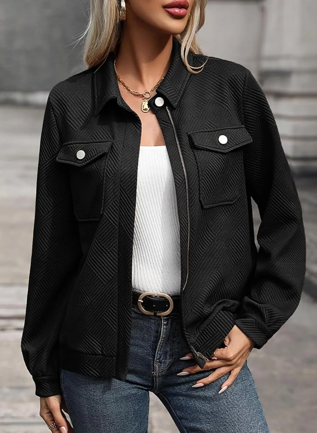 SHEWIN Jackets for Women Fall Fashion 2024 Casual Zip Up Shacket Jacket Lightweight Long Sleeve Shirts Tops