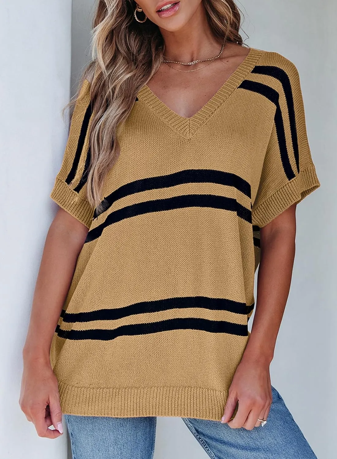 SHEWIN Oversized Sweaters for Women Causal V Neck T Shirts Loose Short Sleeve Sweater Spring Tops