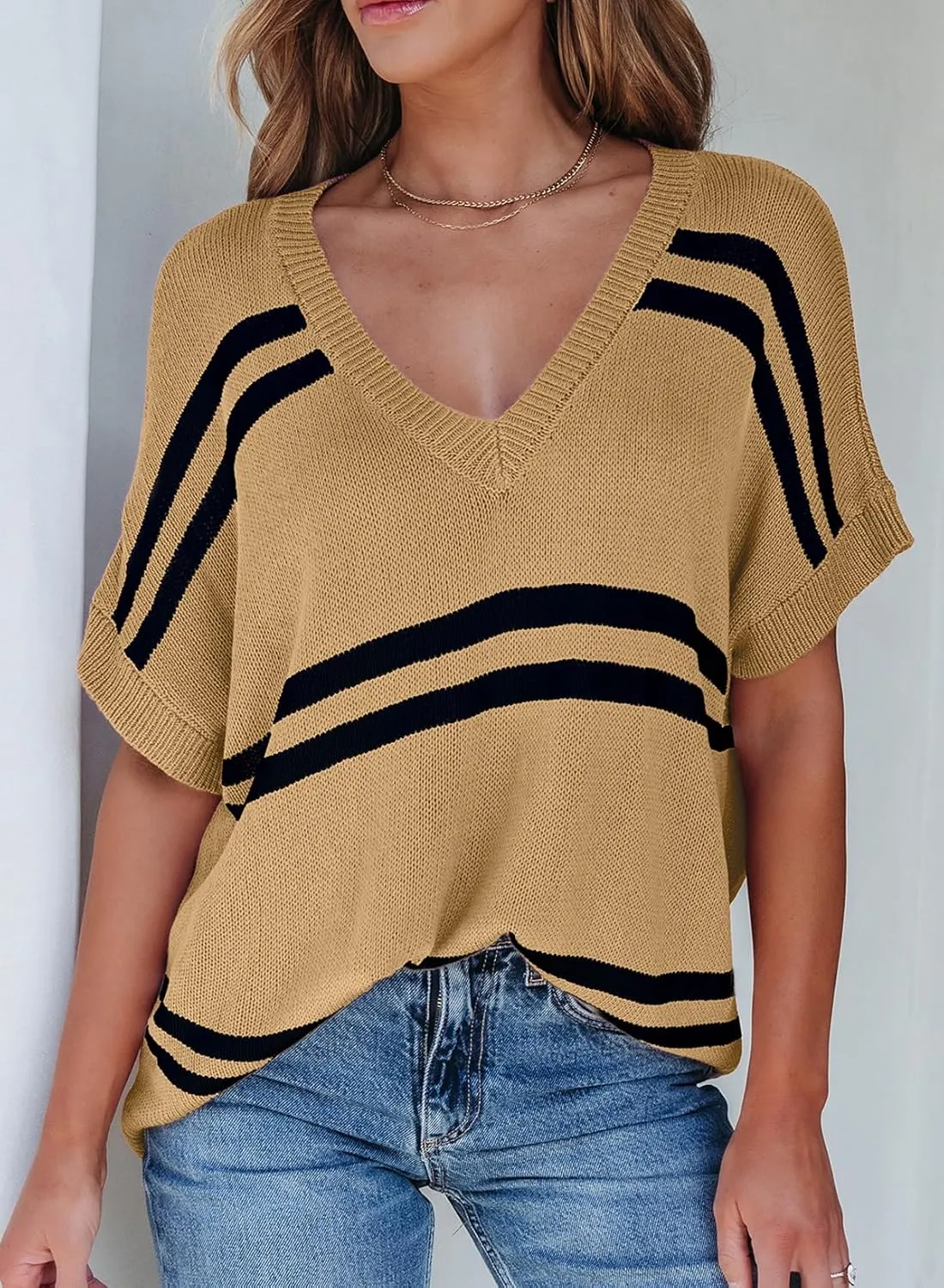 SHEWIN Oversized Sweaters for Women Causal V Neck T Shirts Loose Short Sleeve Sweater Spring Tops