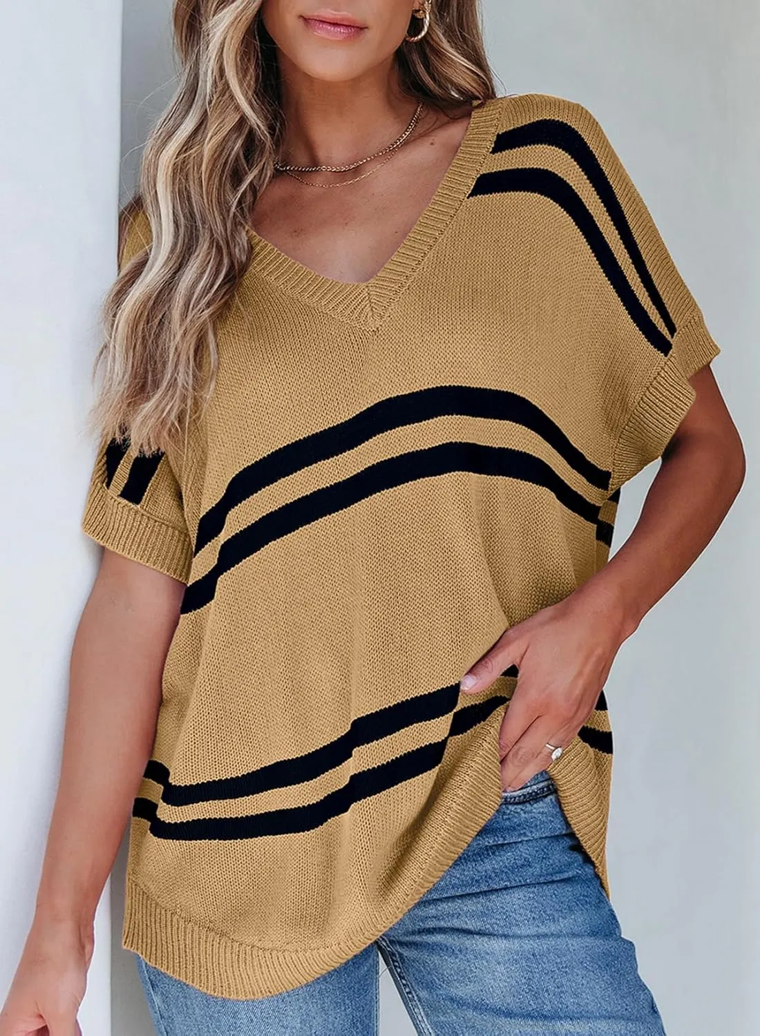 SHEWIN Oversized Sweaters for Women Causal V Neck T Shirts Loose Short Sleeve Sweater Spring Tops