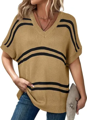 SHEWIN Oversized Sweaters for Women Causal V Neck T Shirts Loose Short Sleeve Sweater Spring Tops