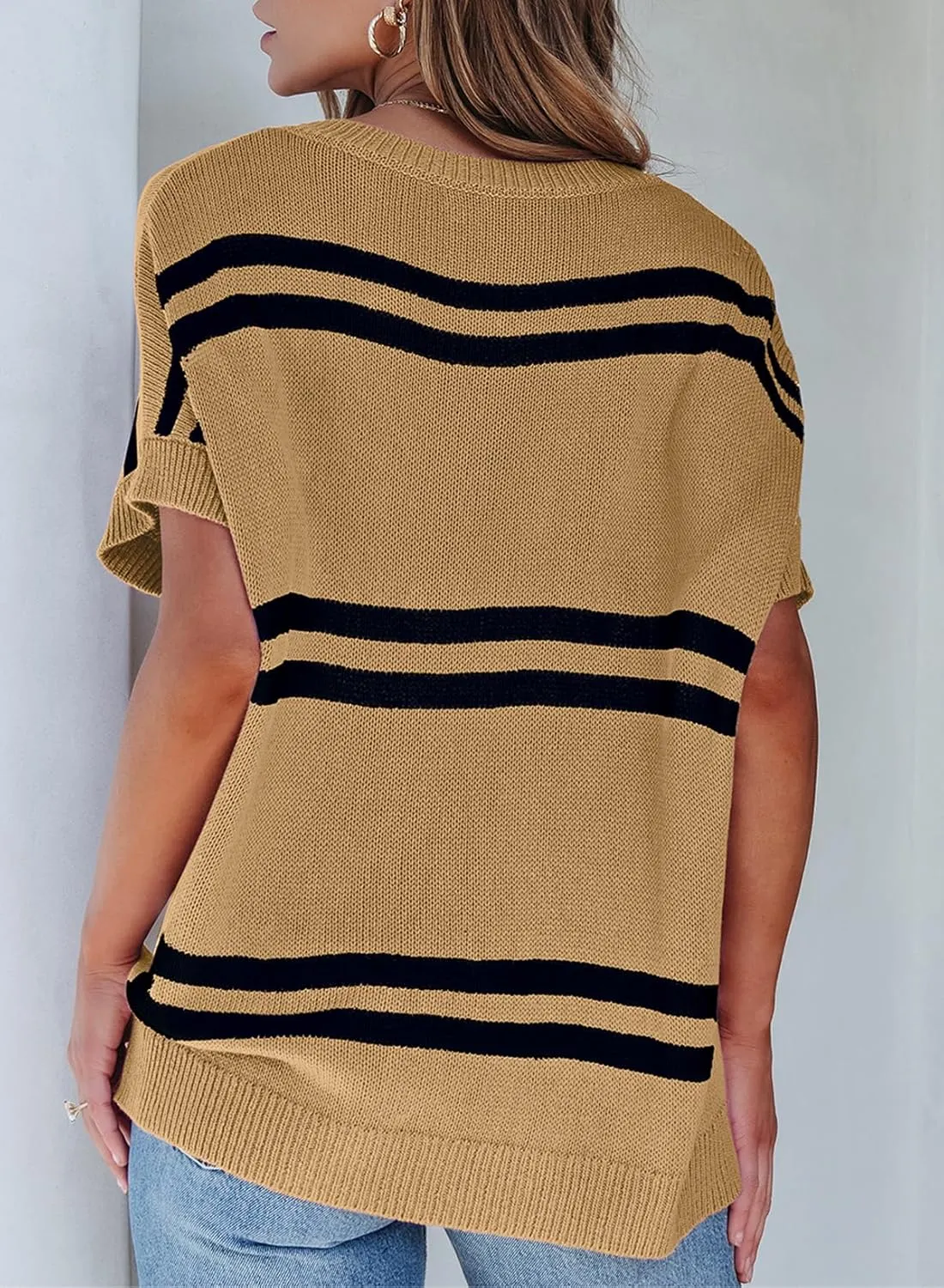 SHEWIN Oversized Sweaters for Women Causal V Neck T Shirts Loose Short Sleeve Sweater Spring Tops