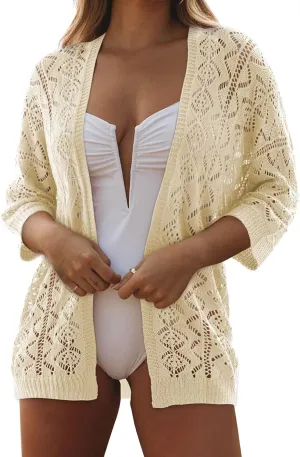 SHEWIN Summer Cardigan Sweaters for Women Lightweight 3/4 Sleeve Open Front Cropped Crochet Beach Cover Ups