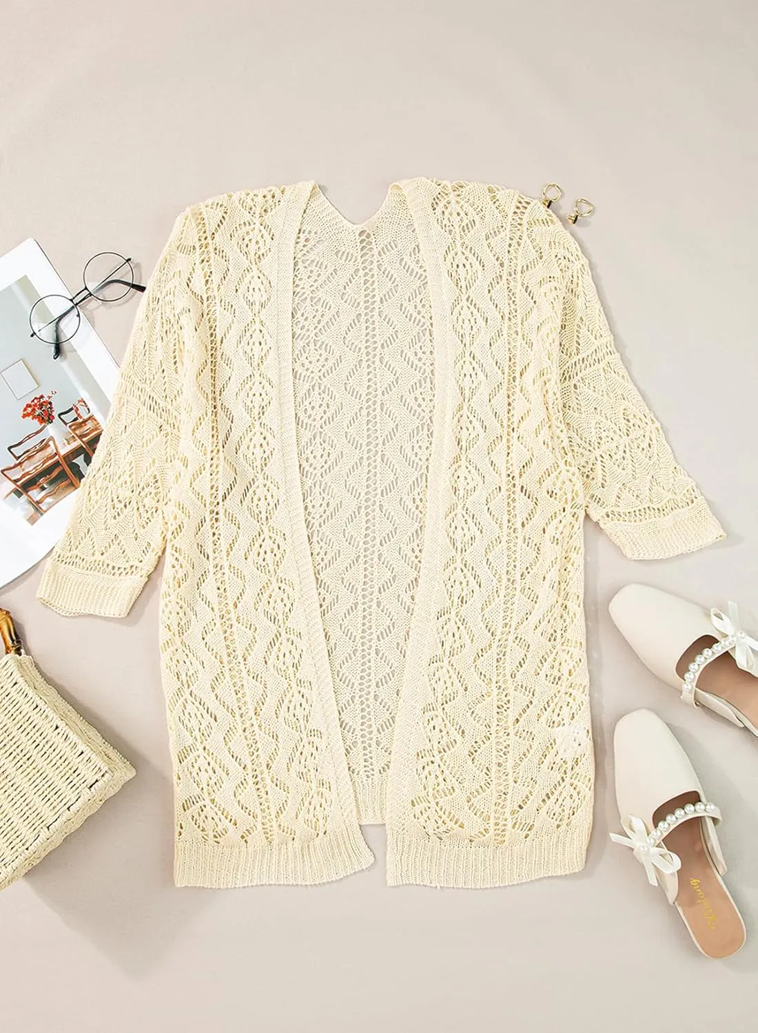 SHEWIN Summer Cardigan Sweaters for Women Lightweight 3/4 Sleeve Open Front Cropped Crochet Beach Cover Ups