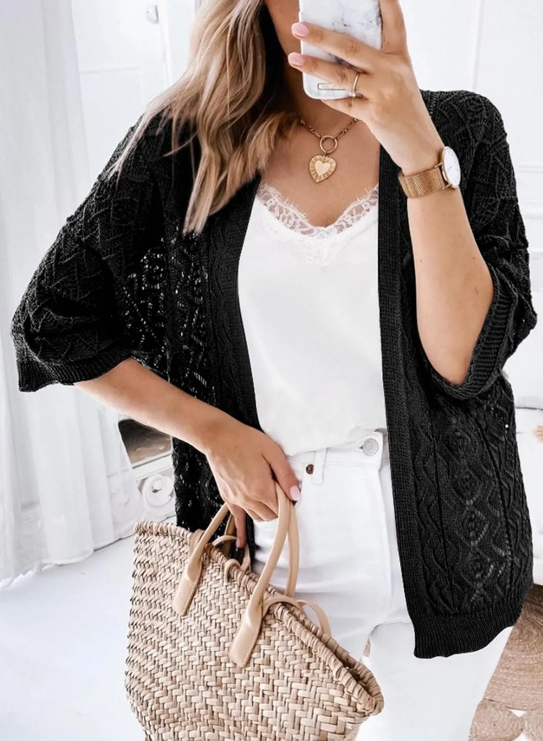 SHEWIN Summer Cardigan Sweaters for Women Lightweight 3/4 Sleeve Open Front Cropped Crochet Beach Cover Ups