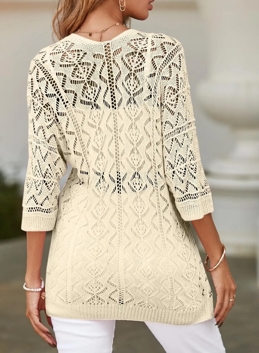 SHEWIN Summer Cardigan Sweaters for Women Lightweight 3/4 Sleeve Open Front Cropped Crochet Beach Cover Ups