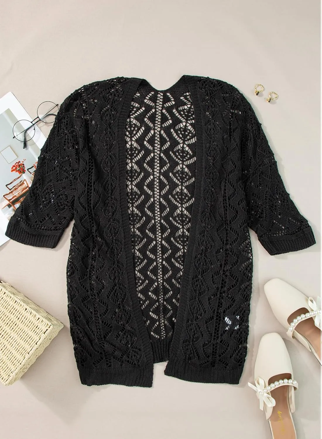 SHEWIN Summer Cardigan Sweaters for Women Lightweight 3/4 Sleeve Open Front Cropped Crochet Beach Cover Ups