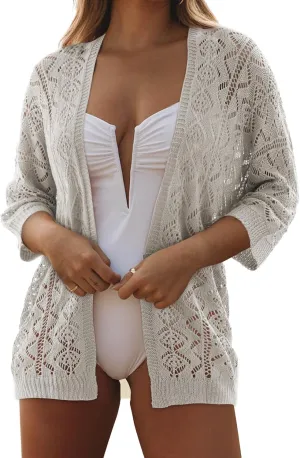 SHEWIN Summer Cardigan Sweaters for Women Lightweight 3/4 Sleeve Open Front Cropped Crochet Beach Cover Ups