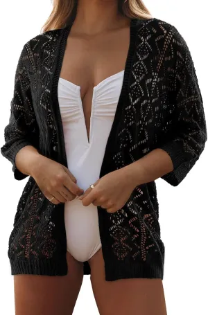 SHEWIN Summer Cardigan Sweaters for Women Lightweight 3/4 Sleeve Open Front Cropped Crochet Beach Cover Ups