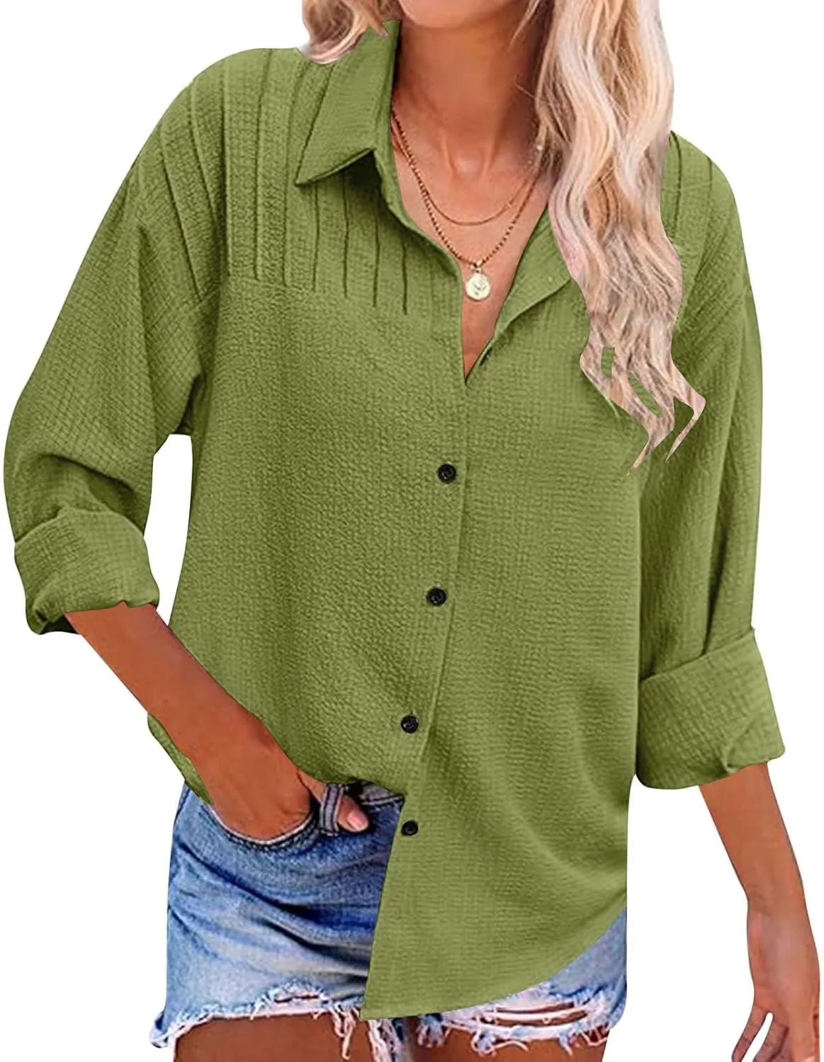 Shirts for Women Long Sleeve Button Down Top Pocket Collared Tunic Solid Loose Casual Daily Womens Fashion Blouses