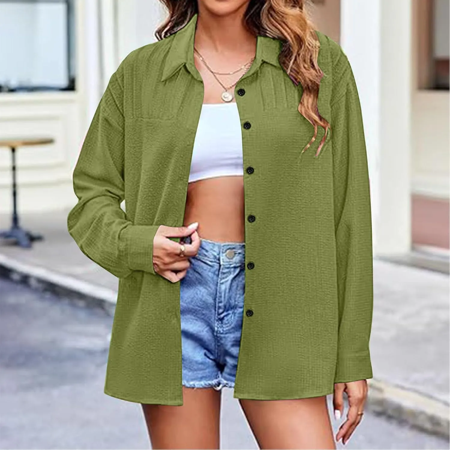 Shirts for Women Long Sleeve Button Down Top Pocket Collared Tunic Solid Loose Casual Daily Womens Fashion Blouses