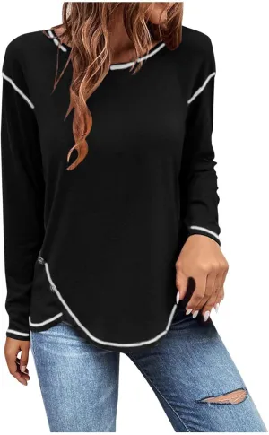 Shirts for Women Long Sleeve Crewneck Pullover Plain Tight Basic Tees Daily Workout Blouses Fashion Irregular Hem