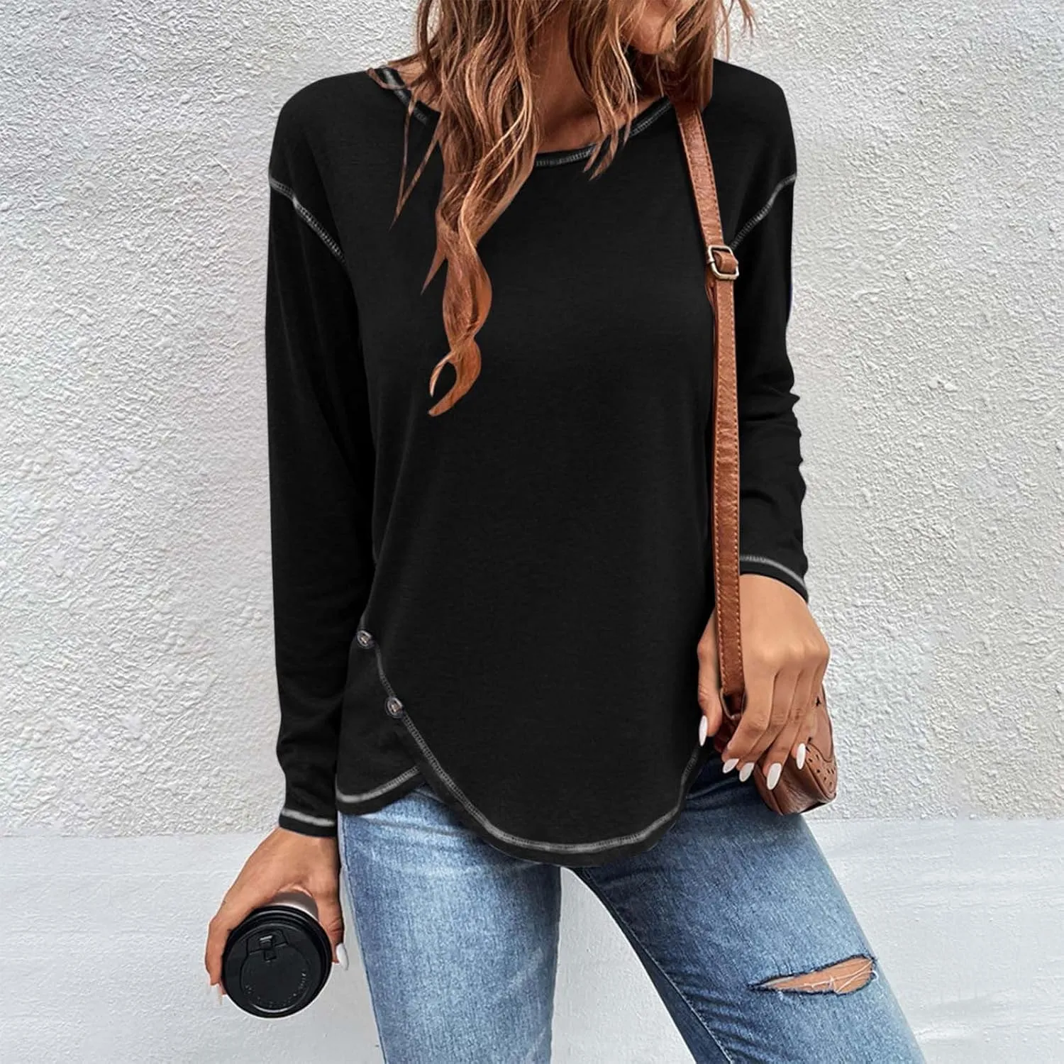 Shirts for Women Long Sleeve Crewneck Pullover Plain Tight Basic Tees Daily Workout Blouses Fashion Irregular Hem