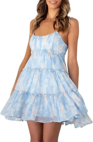 Short Dress for Women Chiffon Floral Mini Skater Dress Flowy Smocked Sun Dresses Cute Teen Spaghetti Strap Tiered Dresses