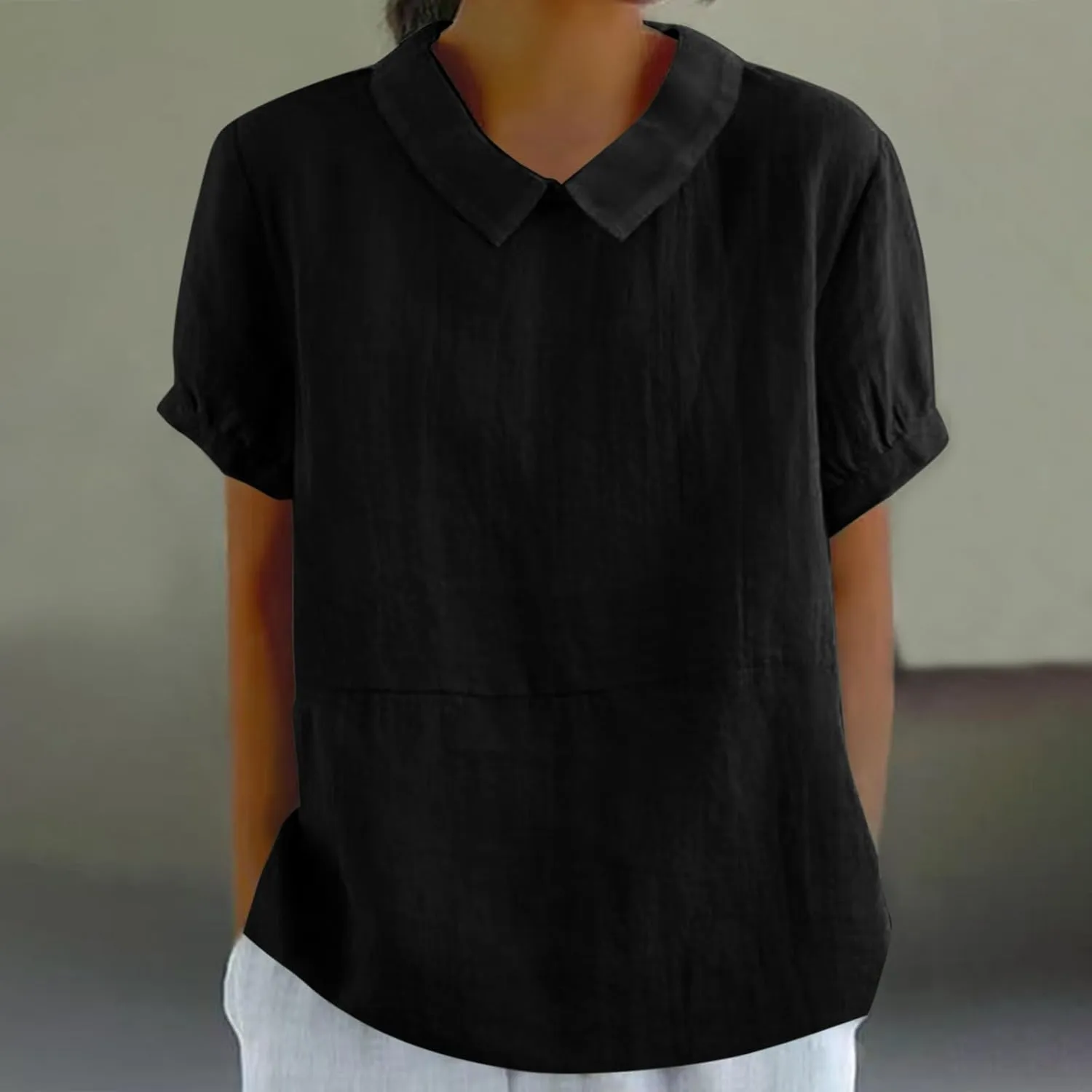 Short Sleeve Linen Tshirt for Women Peter Pan Collar Blouses Vintage Casual Loose Fit Cute Tops Summer Clothes 2025