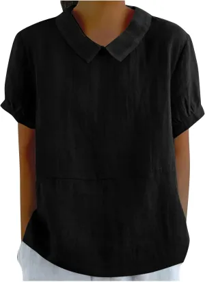 Short Sleeve Linen Tshirt for Women Peter Pan Collar Blouses Vintage Casual Loose Fit Cute Tops Summer Clothes 2025
