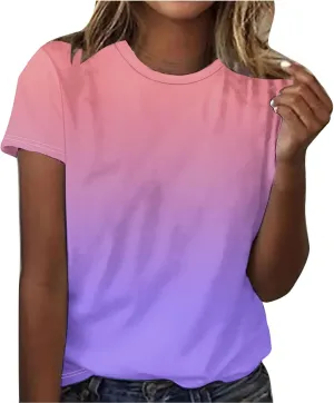 Short Sleeve Tshirt Shirts for Women Trendy Crew Neck Tie Dye Gradient Print Causal Blouses Ladies Cute Summer Tops