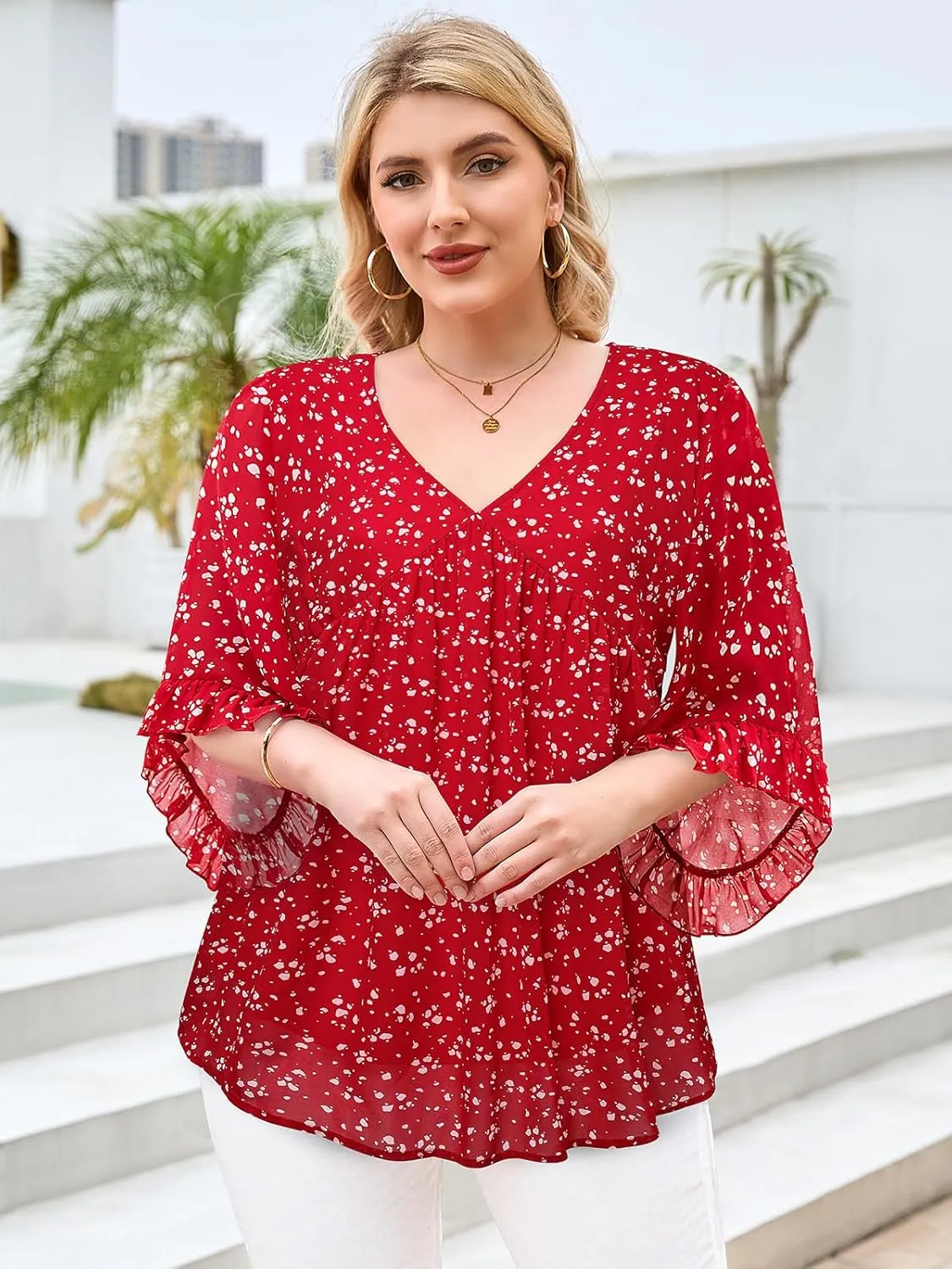 Siddhe Womens Plus Size Tops Ruffle 3/4 Sleeve Tunic Tops Chiffon V Neck Summer Shirt Blouses 2025