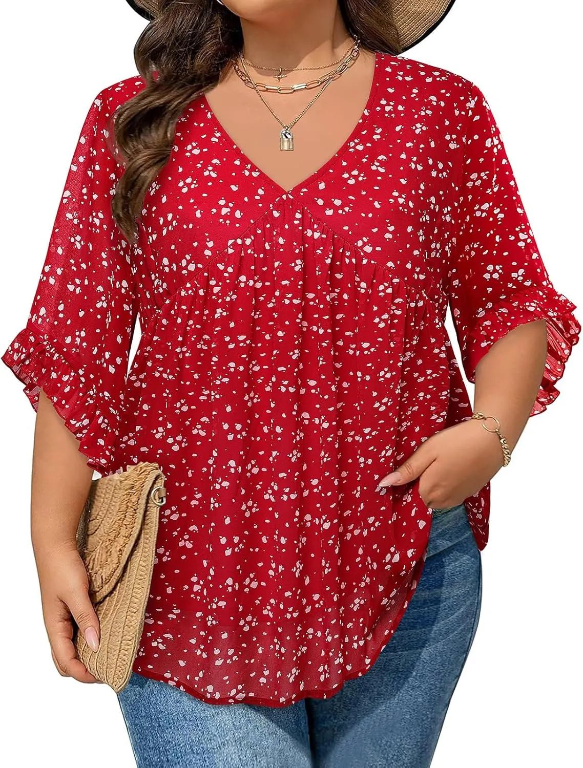 Siddhe Womens Plus Size Tops Ruffle 3/4 Sleeve Tunic Tops Chiffon V Neck Summer Shirt Blouses 2025