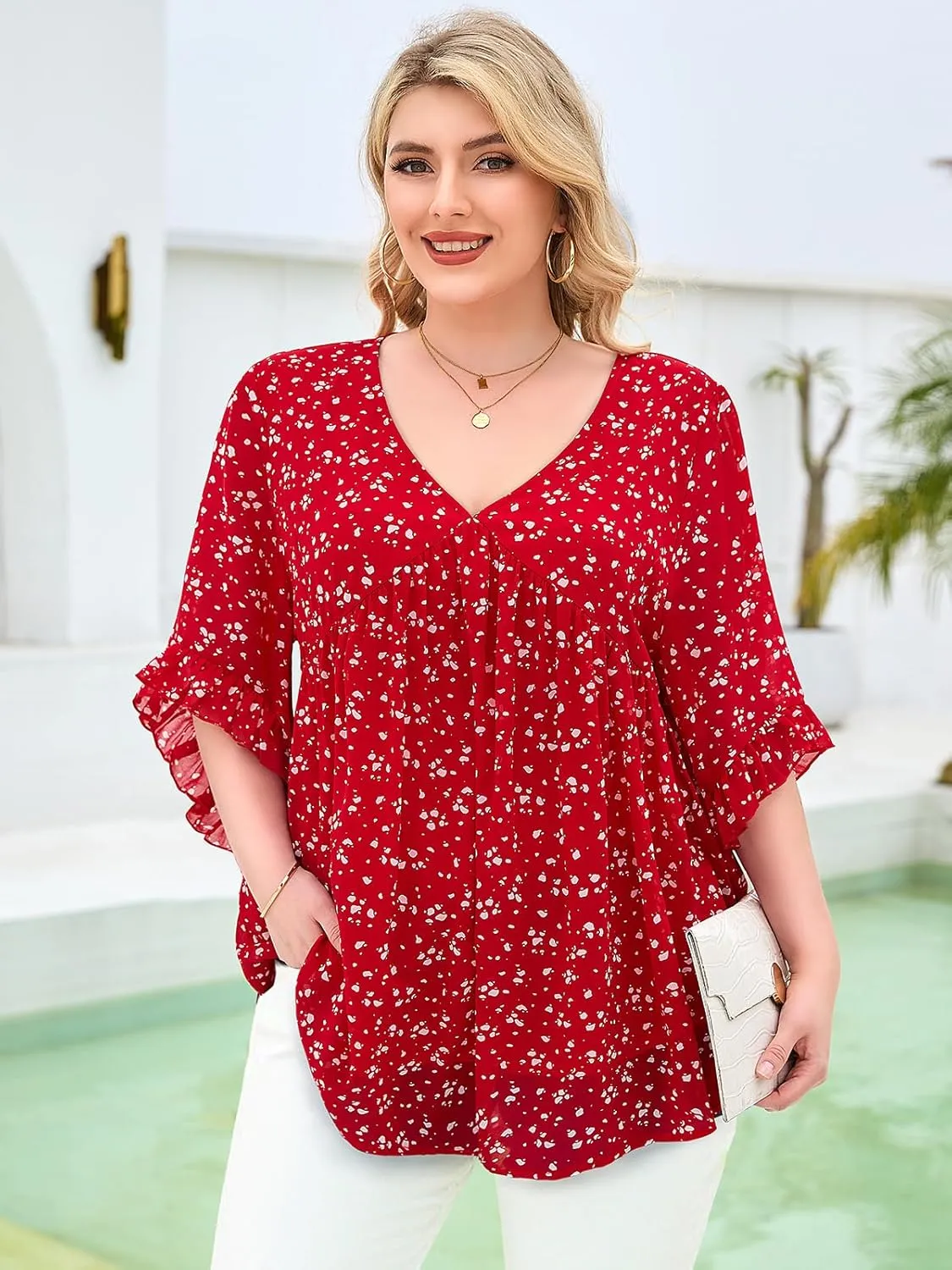 Siddhe Womens Plus Size Tops Ruffle 3/4 Sleeve Tunic Tops Chiffon V Neck Summer Shirt Blouses 2025