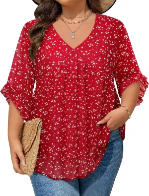 Siddhe Womens Plus Size Tops Ruffle 3/4 Sleeve Tunic Tops Chiffon V Neck Summer Shirt Blouses 2025