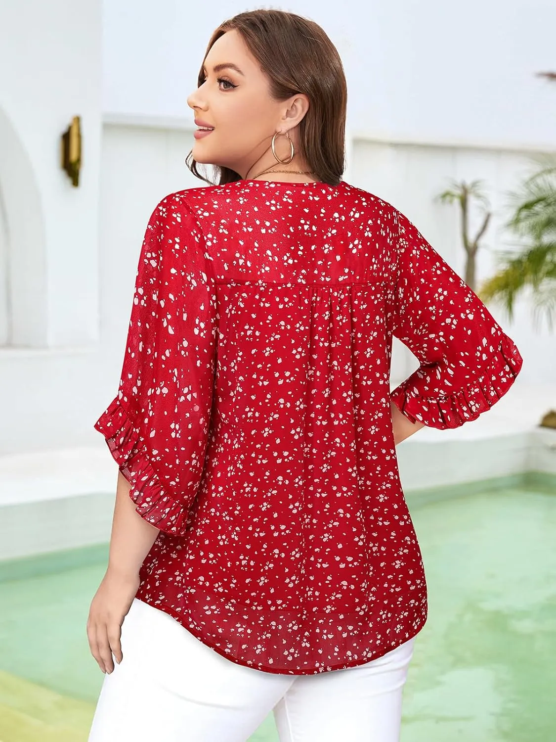 Siddhe Womens Plus Size Tops Ruffle 3/4 Sleeve Tunic Tops Chiffon V Neck Summer Shirt Blouses 2025