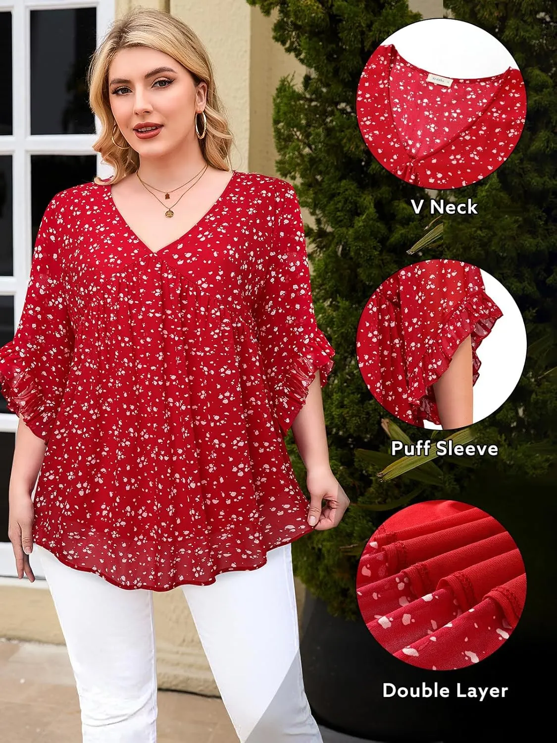 Siddhe Womens Plus Size Tops Ruffle 3/4 Sleeve Tunic Tops Chiffon V Neck Summer Shirt Blouses 2025