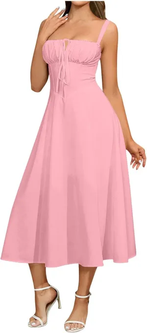 Sinzelimin Dresses for Women Sexy Sleeveless Lace up Corset Sling Midi Dress Summer Fashion Solid Color Beach Casual Sundress