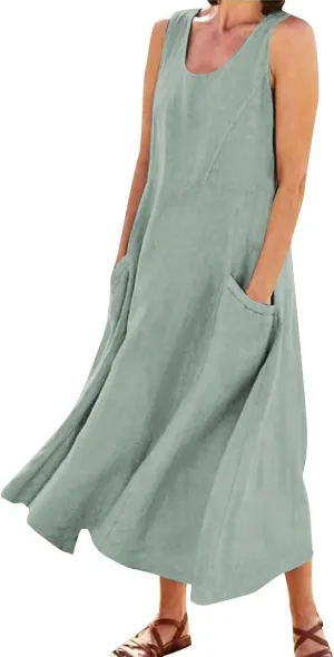 Sleeveless Dresses for Womens 2025 Casual Beach Cotton Linen Vintage Printed Plus Size Maxi Sundress with Pockets