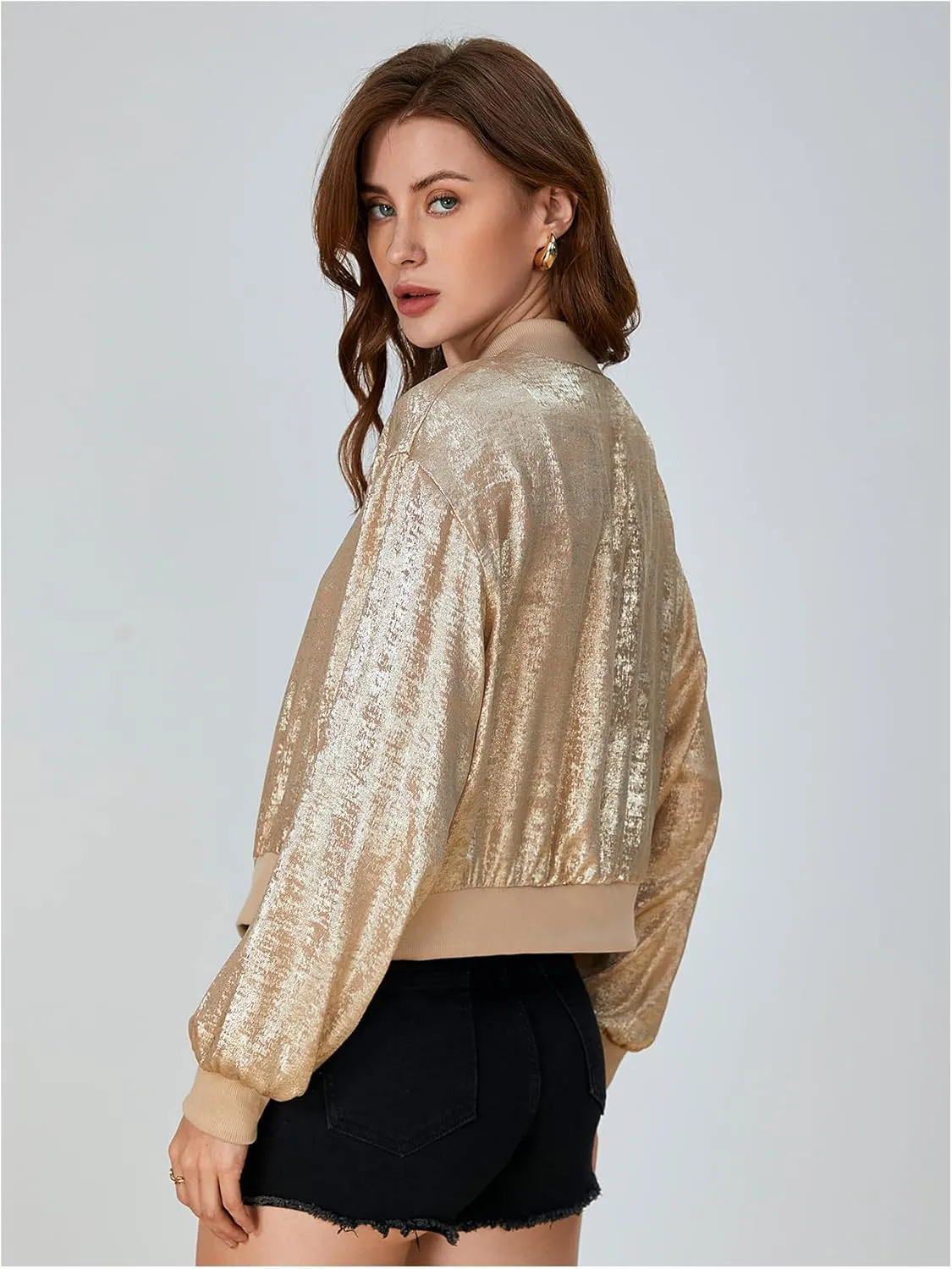 SOLY HUX Women's Metallic Jacket Zip Up Long Sleeve Lightweight Outerwear Bomber Jackets