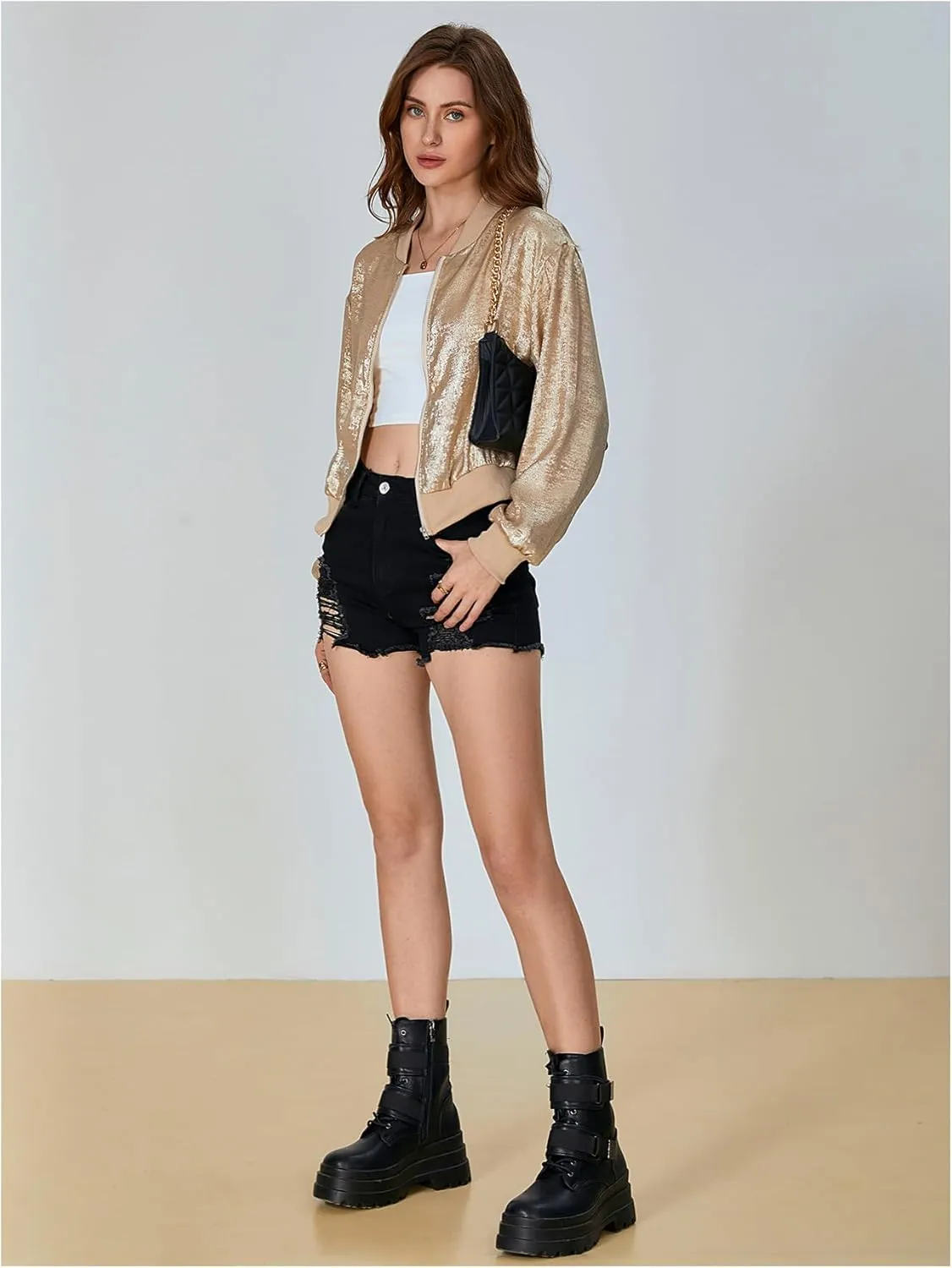 SOLY HUX Women's Metallic Jacket Zip Up Long Sleeve Lightweight Outerwear Bomber Jackets
