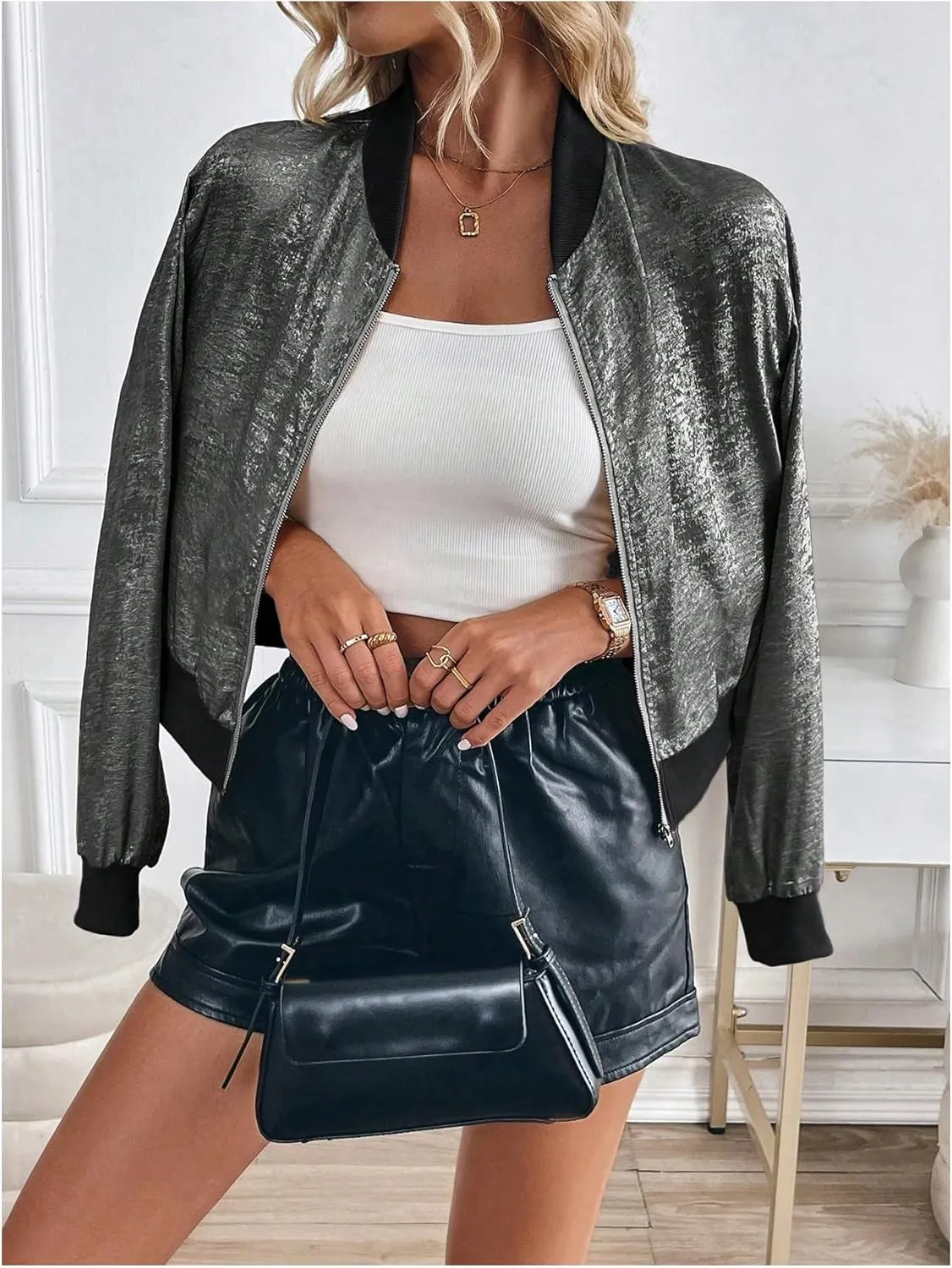 SOLY HUX Women's Metallic Jacket Zip Up Long Sleeve Lightweight Outerwear Bomber Jackets