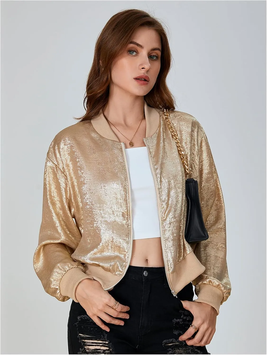 SOLY HUX Women's Metallic Jacket Zip Up Long Sleeve Lightweight Outerwear Bomber Jackets