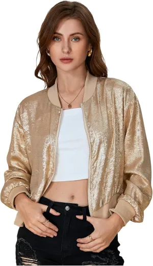 SOLY HUX Women's Metallic Jacket Zip Up Long Sleeve Lightweight Outerwear Bomber Jackets