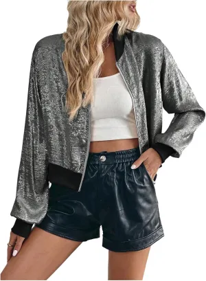 SOLY HUX Women's Metallic Jacket Zip Up Long Sleeve Lightweight Outerwear Bomber Jackets