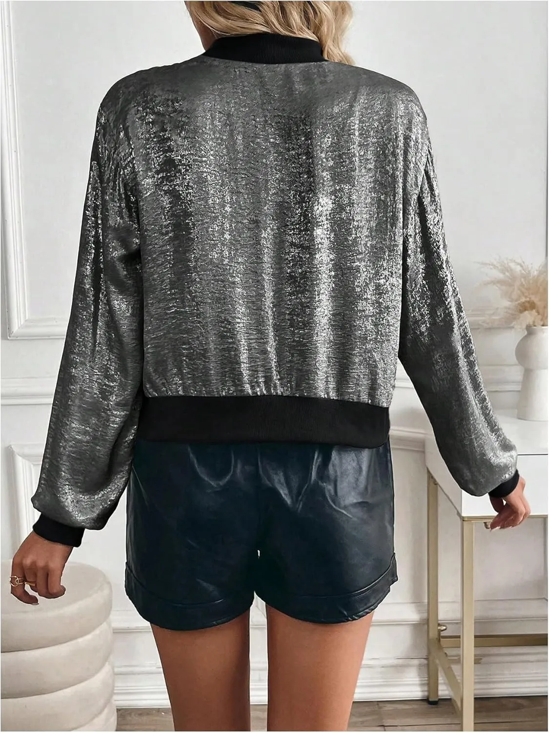 SOLY HUX Women's Metallic Jacket Zip Up Long Sleeve Lightweight Outerwear Bomber Jackets