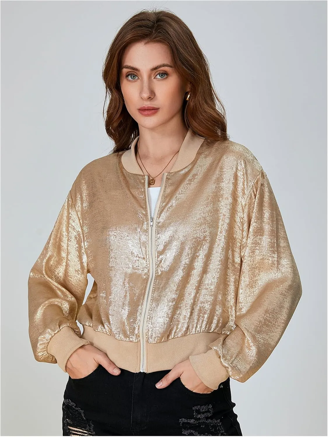 SOLY HUX Women's Metallic Jacket Zip Up Long Sleeve Lightweight Outerwear Bomber Jackets