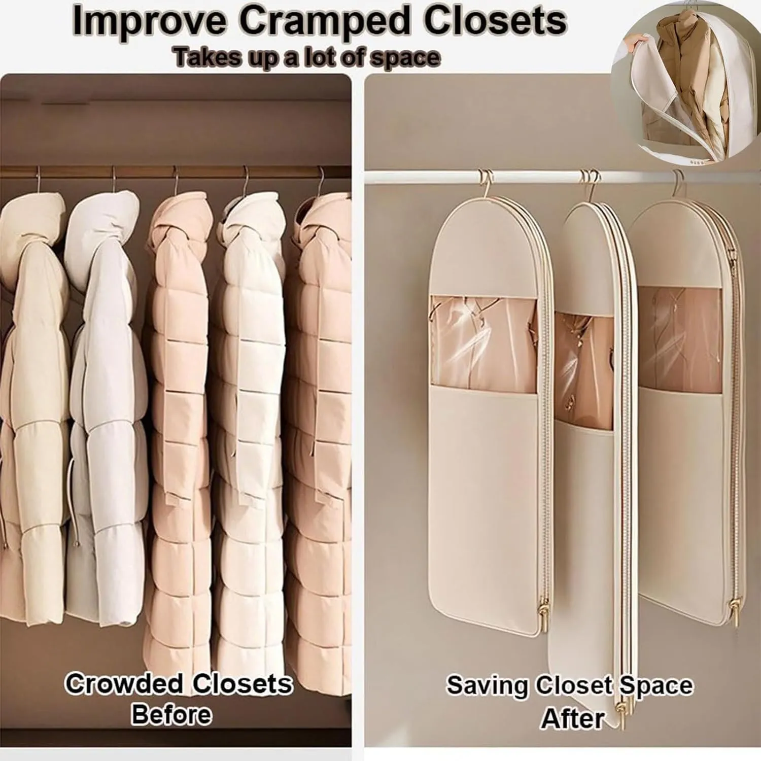 Space Saving Hanging Garment Bag with Self Compression Zipper,Space Saver Closet Organizers,Dust Cover Clothes Bags for Down Coat (Pink, L (130 * 58 * 15cm))