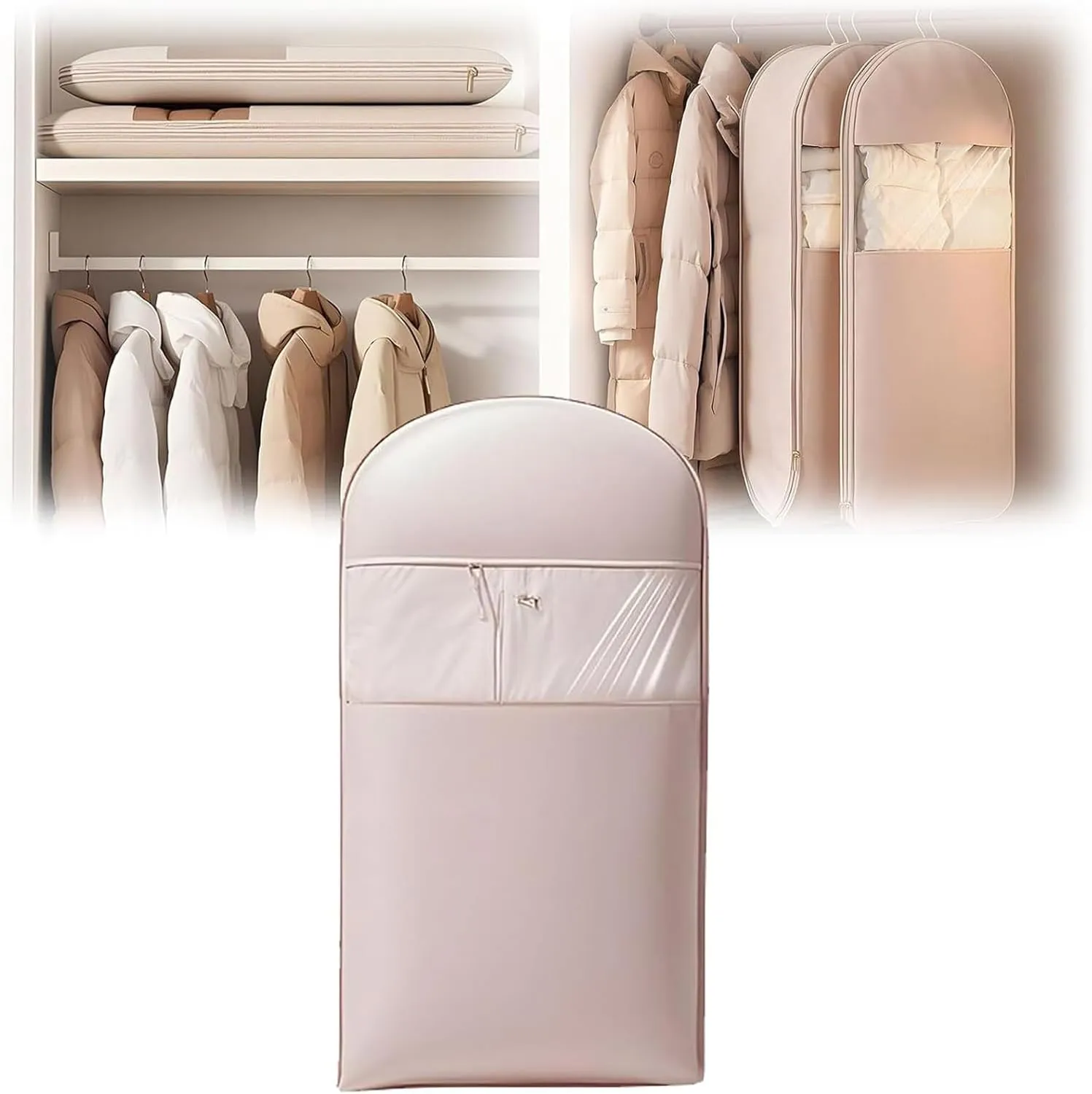 Space Saving Hanging Garment Bag with Self Compression Zipper,Space Saver Closet Organizers,Dust Cover Clothes Bags for Down Coat (Pink, L (130 * 58 * 15cm))