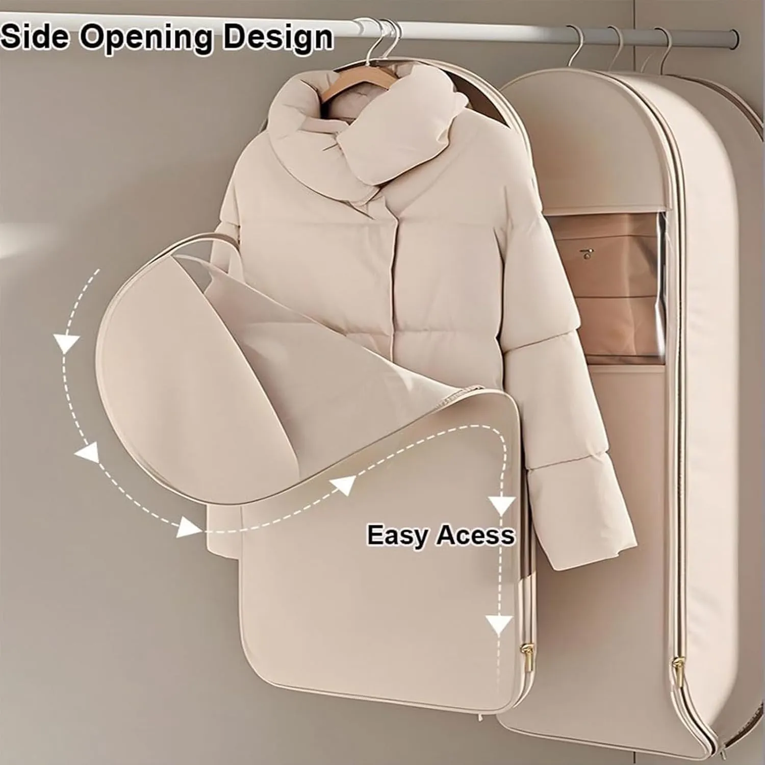Space Saving Hanging Garment Bag with Self Compression Zipper,Space Saver Closet Organizers,Dust Cover Clothes Bags for Down Coat (Pink, L (130 * 58 * 15cm))