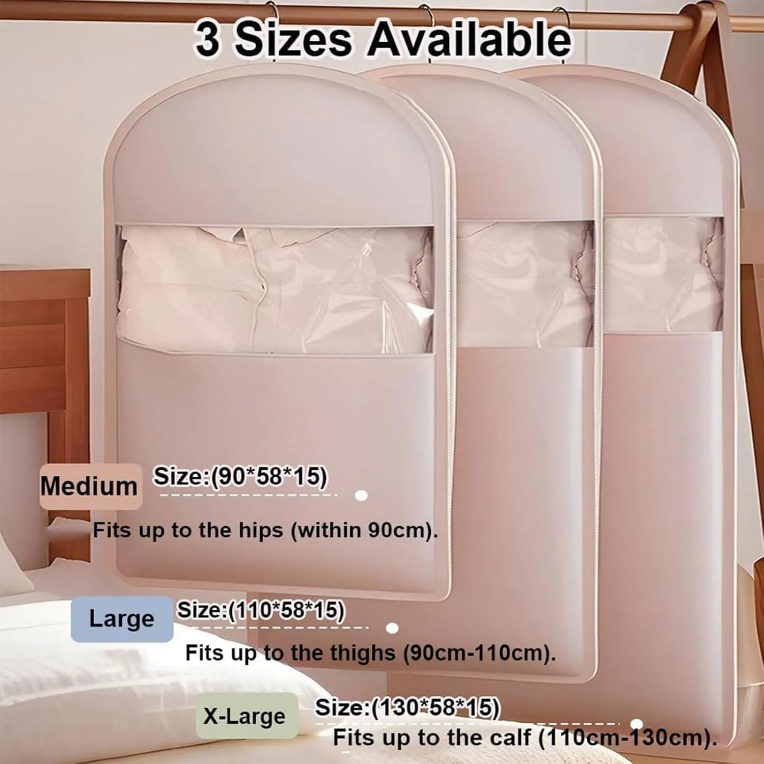 Space Saving Hanging Garment Bag with Self Compression Zipper,Space Saver Closet Organizers,Dust Cover Clothes Bags for Down Coat (Pink, L (130 * 58 * 15cm))