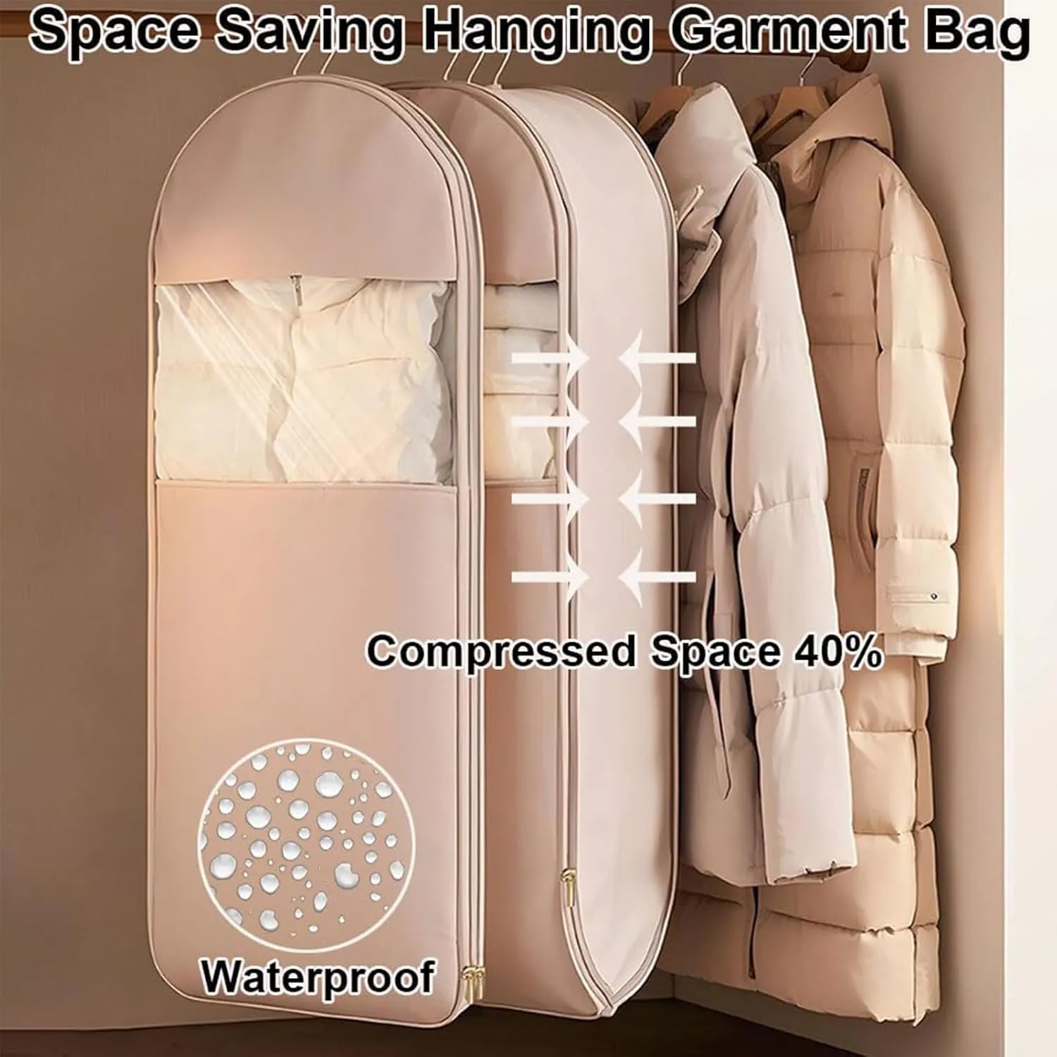 Space Saving Hanging Garment Bag with Self Compression Zipper,Space Saver Closet Organizers,Dust Cover Clothes Bags for Down Coat (Pink, L (130 * 58 * 15cm))