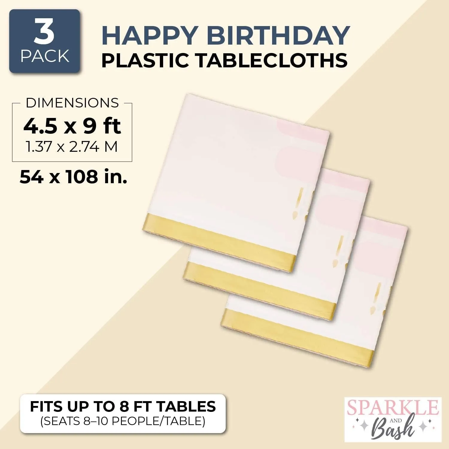Sparkle and Bash Plastic Table Covers for Birthday – Disposable, 54 × 108 Inches, Pack of 3
