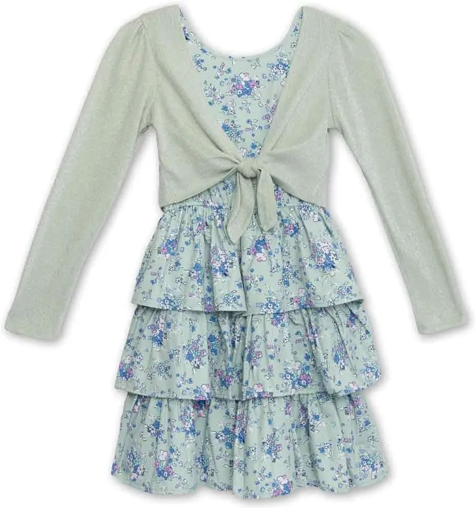 Speechless Girls' Sleeveless Tiered Dress and Tie Front Cardigan