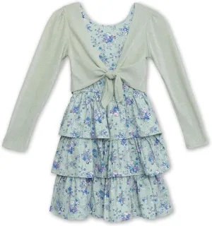 Speechless Girls' Sleeveless Tiered Dress and Tie Front Cardigan